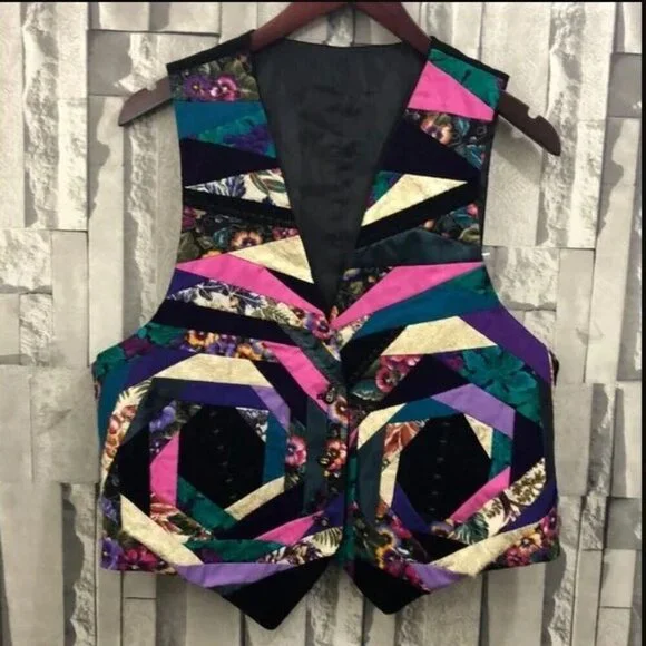 Vintage 80s Patchwork Quilted Wearable Art Vest Velvet - Picture 2 of 16